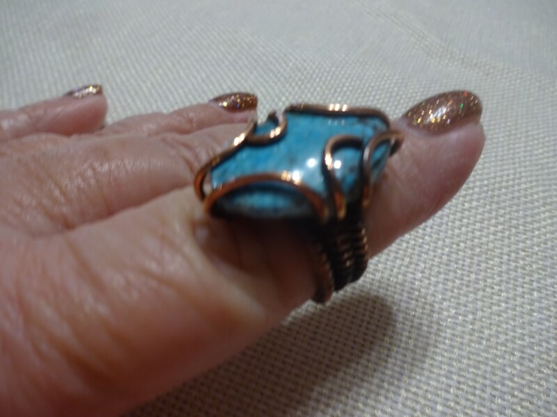Rustic TURQUOISE Handmade COPPER WIRE WRAPPED Handmade Ring Size 7 491B